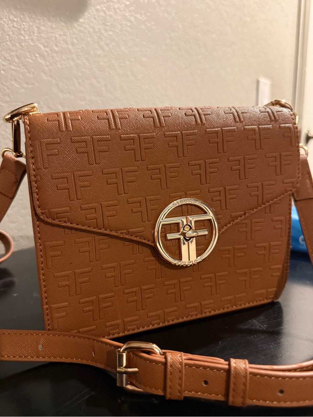Embossed Faux-Leather Crossbody Bag in Cognac Brown with Gold Hardware